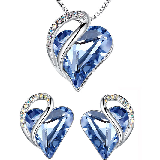 Dollcini Infinite Love Necklace Earrings Set Light Blue Birthstone Crystal Jewelry Silver Women Gift Light Blue