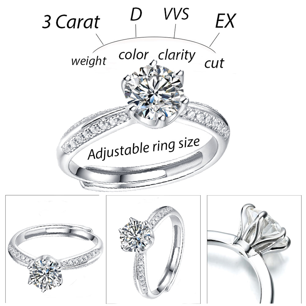 Dollcini, 3 karátos, 6 fogas női moissanite gyűrű, D színű VVS1 Clarity Laboratory által készített gyémánt eljegyzési gyűrű, 14 karátos fehérarany sterling ezüst, ezüst