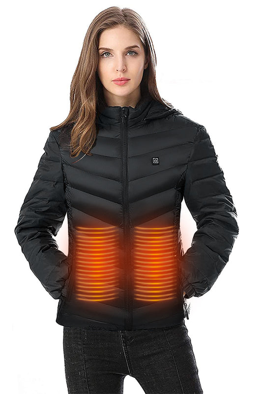Dollcini, elegáns fűthető női kabát, télikabát, USB fűtési rendszerrel, Szélálló elektromos szigetelt kabát levehető kapucnival, Fekete , 401201